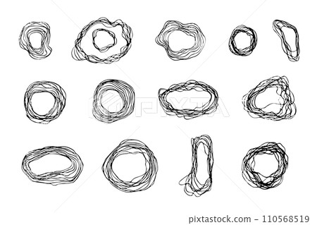 Set of hand drawn black vector wavy line frames. Collection of round and oval shapes ink strokes borders, clouds for speech texts, advertisement, decor element 110568519