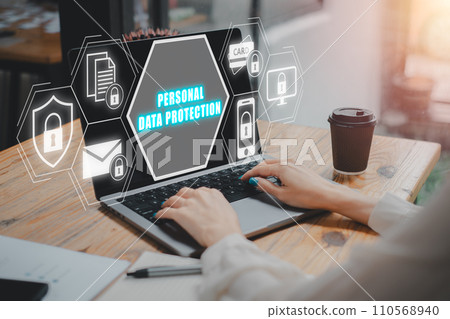 Personal data protection concept, Business woman working on laptop computer with personal data protection icon on virtual screen. 110568940