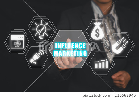 Influence marketing concept, Business woman hand touching Influence marketing icon on virtual screen. 110568949