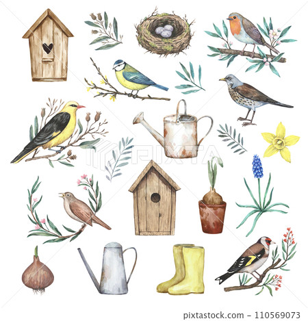 Big set of watercolor garden spring elements, birds on blooming branches, gardening tools, first flowers and nest. Hand-drawn design elements in retro style isolated on white background. Big set of watercolor garden spring elements, birds on blooming branches, gardening tools, first flowers and nest. Hand-drawn design elements in retro style isolated on white background. 110569073