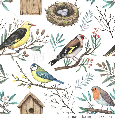 Watercolor pattern with garden spring birds on blooming branches, nest and birdhouse. Hand-drawn print in retro style for design and textile. 110569074