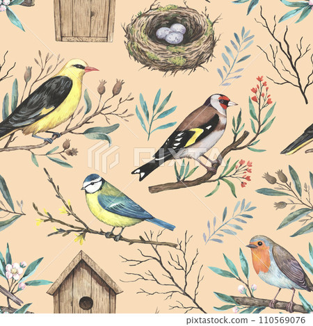 Watercolor pattern with garden spring birds on blooming branches, nest and birdhouse. Hand-drawn print in retro style for design and textile. 110569076