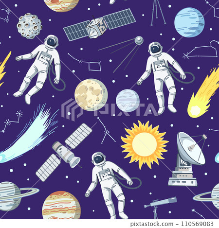 Seamless pattern with astronauts, stars, planets and satellites in cosmos. Cartoon print with space elements, vector illustration. Seamless pattern with astronauts, stars, planets and satellites in cosmos. Cartoon print with space elements, vector illustration. 110569083