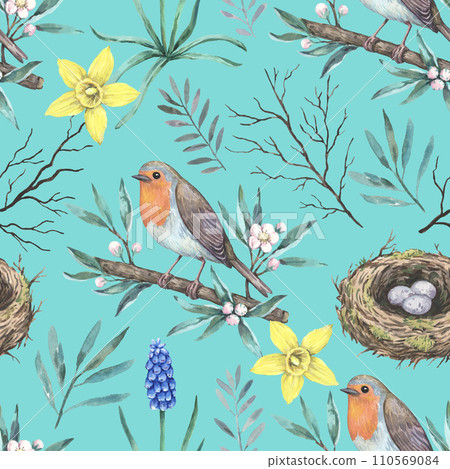 Watercolor pattern with robin birds on blooming branches and nest . Hand-drawn print in retro style for design and textile. Watercolor pattern with robin birds on blooming branches and nest . Hand-drawn print in retro style for design and textile. 110569084