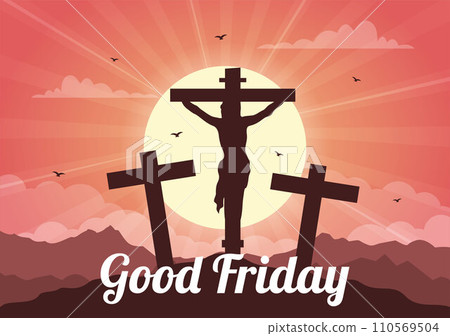 Happy Good Friday Vector Illustration with Christian Holiday of Jesus Christ Crucifixion and Pigeons in Flat Cartoon Background Design 110569504