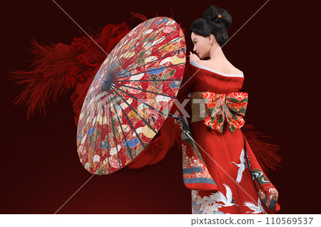 一位穿著紅色和服的迷人日本女人拿著一把伸出的雨傘 110569537