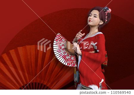 A Japanese woman wearing a bewitching red kimono poses with a fan in her hand. A Japanese woman wearing a bewitching red kimono poses with a fan in her hand. 110569540