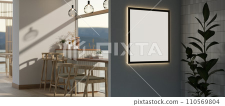 A frame mockup with a neon light attached to the wall in a modern, minimal cafe or restaurant. 110569804