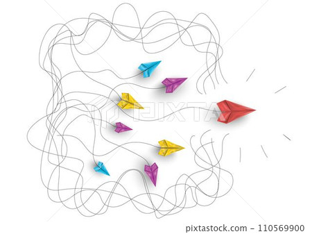 Group of paper airplanes flying.Paper plant in one direction and paper plant pointing in different way on background.Unique,out standing.Vector concept inspiration and think different concept. 110569900