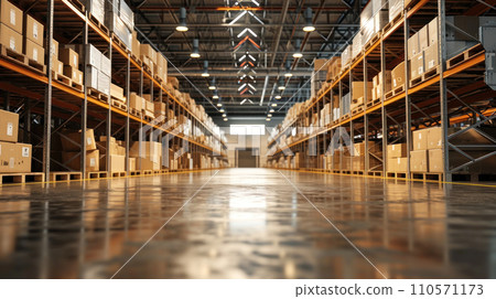 Distribution warehouse with cardboard boxes on shelves and floor. Distribution warehouse with cardboard boxes on shelves and floor. 110571173