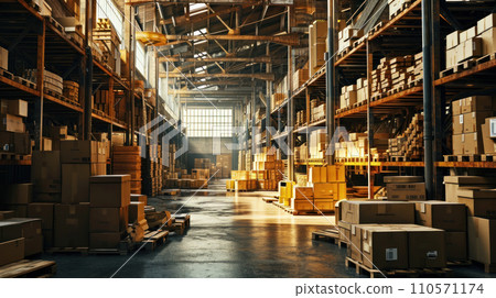 Distribution warehouse with cardboard boxes on shelves and floor. Distribution warehouse with cardboard boxes on shelves and floor. 110571174
