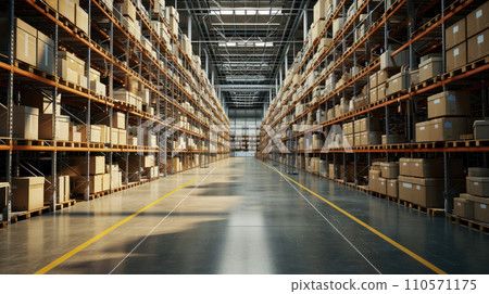 Distribution warehouse with cardboard boxes on shelves and floor. 110571175
