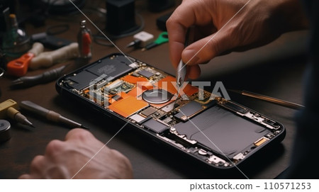 technician repairing cell phone with electronic tools 110571253