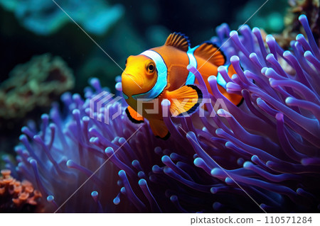 A macro photo of a bright orange clownfish A macro photo of a bright orange clownfish 110571284