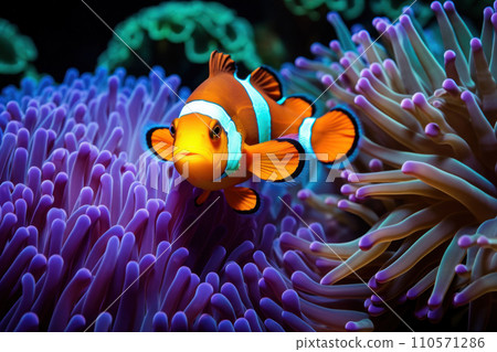 A macro photo of a bright orange clownfish 110571286
