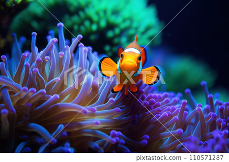 A macro photo of a bright orange clownfish 110571287