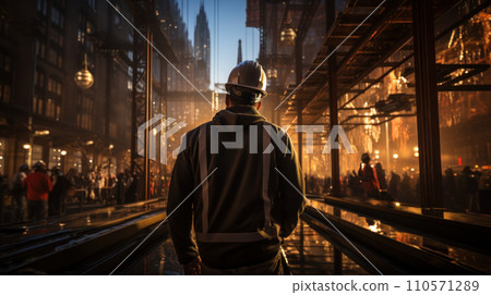 Construction worker in hardhat at the construction site of a tall office building 110571289