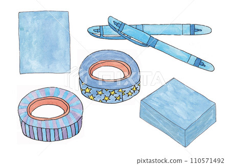 Blue stationery illustration set B drawn with water-based pen and transparent watercolor paint 110571492