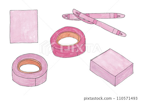 Illustration set of pink stationery drawn with water-based pens and transparent watercolors 110571493