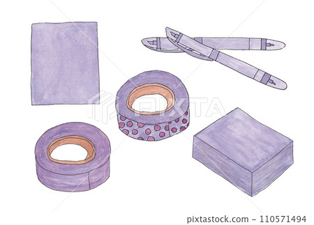 Illustration set of purple stationery drawn with water-based pens and transparent watercolors 110571494