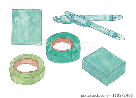 Illustration set of green stationery drawn with water-based pens and transparent watercolors 110571498