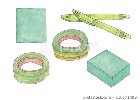 Illustration set of yellow-green stationery drawn with water-based pen and transparent watercolor paint Illustration set of yellow-green stationery drawn with water-based pen and transparent watercolor paint 110571499