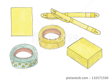 Illustration set A of yellow stationery drawn with water-based pens and transparent watercolors 110571500