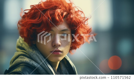 AI-generated content. Photorealistic Teen Chinese Man with Red Curly Hair Futuristic Illustration. Portrait of a person in cyberpunk style. Cyberspace Ai Generated Horizontal Illustration. 110571562