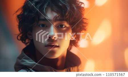 AI-generated content. Photorealistic Teen Chinese Man with Brown Curly Hair Futuristic Illustration. Portrait of a person in cyberpunk style. Cyberspace Ai Generated Horizontal Illustration. 110571567