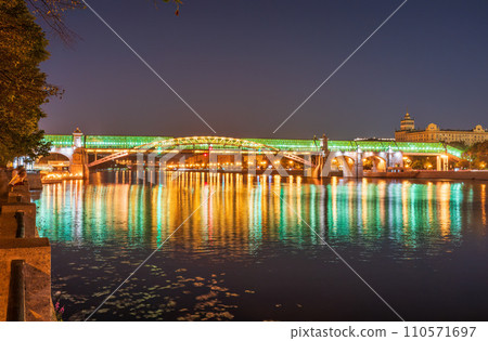 Pushkinskiy bridge with night illumination. Bridge to Gorky Park. 110571697