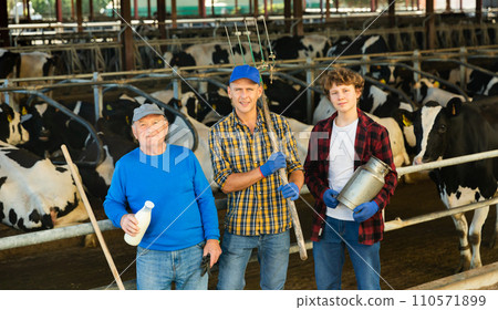 Family-owned livestock business - three farmers of different ages in barn Family-owned livestock business - three farmers of different ages in barn 110571899
