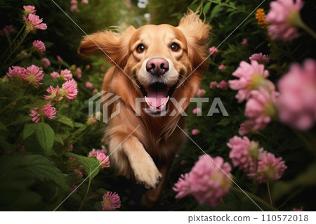 red golden retriever running through green grass with pink peonies 110572018