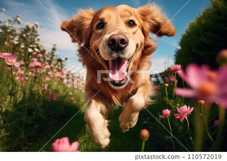 red golden retriever running through green grass with pink peonies 110572019