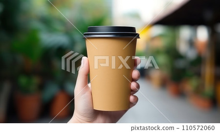 woman hand holding a blank black and paper coffee cup with no design woman hand holding a blank black and paper coffee cup with no design 110572060