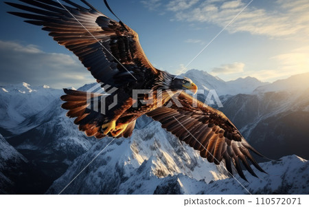 majestic golden eagle flying high over the snowy mountain peak 110572071