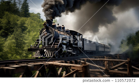 Majestic Black Steam locomotive belching smoke as it goes over a trestle during the American 110572072