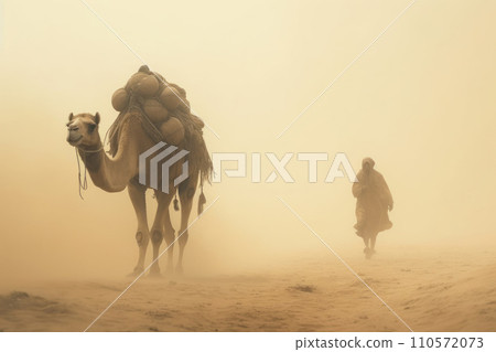 a camel walking in white sand desert in incoming sandstorm a camel walking in white sand desert in incoming sandstorm 110572073