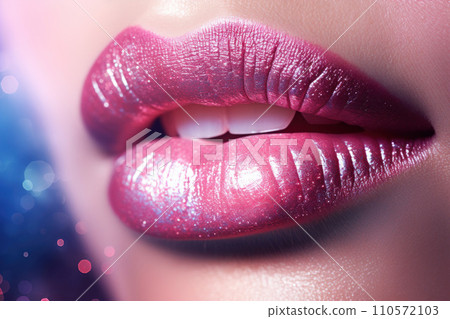 close up of a girl's lips wearing lipstick and glitter close up of a girl's lips wearing lipstick and glitter 110572103