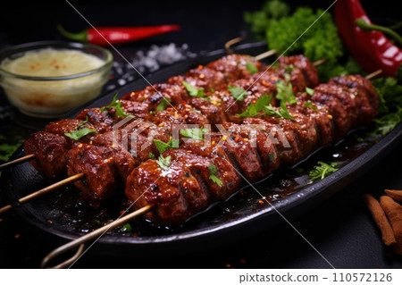 Spicy minced meat kebab usually made from lamb or beef cooked on a skewer Spicy minced meat kebab usually made from lamb or beef cooked on a skewer 110572126