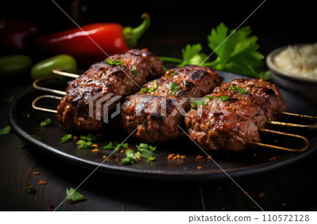 Spicy minced meat kebab usually made from lamb or beef cooked on a skewer Spicy minced meat kebab usually made from lamb or beef cooked on a skewer 110572128