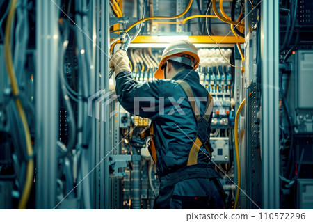 electrical engineer checks the voltage of the electrical at the terminal in the main distribution board . AI generative 110572296