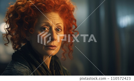 AI-generated content. Photorealistic Old Persian Woman with Red Curly Hair Futuristic Illustration. Portrait of a person in cyberpunk style. Cyberspace Ai Generated Horizontal Illustration. AI-generated content. Photorealistic Old Persian Woman with Red Curly Hair Futuristic Illustration. Portrait of a person in cyberpunk style. Cyberspace Ai Generated Horizontal Illustration. 110572423