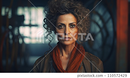 AI-generated content. Photorealistic Old Persian Woman with Brown Curly Hair Futuristic Illustration. Portrait of a person in cyberpunk style. Cyberspace Ai Generated Horizontal Illustration. 110572429