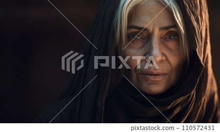 AI-generated content. Photorealistic Old Persian Woman with Blond Straight Hair Futuristic Illustration. Portrait of a person in cyberpunk style. Cyberspace Ai Generated Horizontal Illustration. 110572431