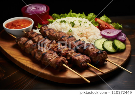Spicy minced meat kebab usually made from lamb or beef cooked on a skewer Spicy minced meat kebab usually made from lamb or beef cooked on a skewer 110572449