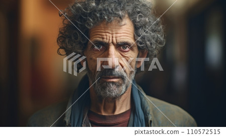 AI-generated content. Photorealistic Old Latino Man with Brown Curly Hair Futuristic Illustration. Portrait of a person in cyberpunk style. Cyberspace Ai Generated Horizontal Illustration. AI-generated content. Photorealistic Old Latino Man with Brown Curly Hair Futuristic Illustration. Portrait of a person in cyberpunk style. Cyberspace Ai Generated Horizontal Illustration. 110572515