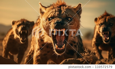 a group of angry hyenas at the dessert a group of angry hyenas at the dessert 110572579