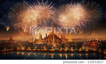 Beautiful fireworks night in the city of celebration Wat Phra Kaew Bangkok, Thailand Beautiful fireworks night in the city of celebration Wat Phra Kaew Bangkok, Thailand 110572617