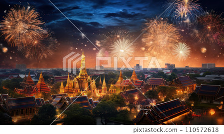 Beautiful fireworks night in the city of celebration Wat Phra Kaew Bangkok, Thailand Beautiful fireworks night in the city of celebration Wat Phra Kaew Bangkok, Thailand 110572618