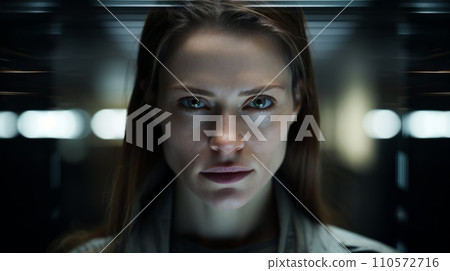 AI-generated content. Photorealistic Adult White Woman with Brown Straight Hair Futuristic Illustration. Portrait of a person in cyberpunk style. Cyberspace Ai Generated Horizontal Illustration. AI-generated content. Photorealistic Adult White Woman with Brown Straight Hair Futuristic Illustration. Portrait of a person in cyberpunk style. Cyberspace Ai Generated Horizontal Illustration. 110572716